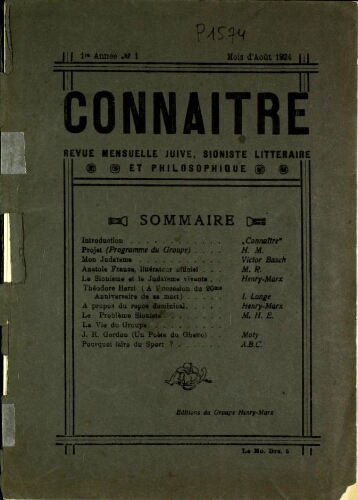 Connaître (Vol.01 N°1 Aout 1924)